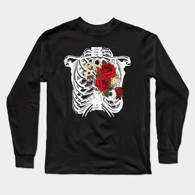 Skeleton Chest with Flowers Heart Long Sleeve T-Shirt by XOZ